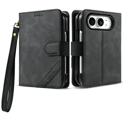 AZNS A2 voor iPhone Duo Leren Hoesje met Polsbandje RFID Blokkering Portemonnee Stand Hoes - Zwart