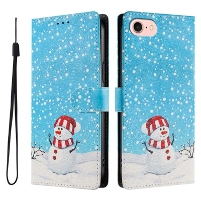  For iPhone SE (2020) / iPhone 8 4.7 inch / iPhone 7 4.7 inch / iPhone 6 4.7-inch / iPhone 6s 4.7-inch / iPhone SE (2022) Case Christmas Themed Pattern Printing PU Leather Wallet Phone Cover with Wrist Strap - Christmas Snowman