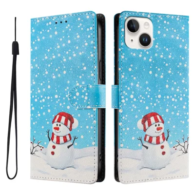 Capa de Telefone Carteira em PU Couro com Estampa Temática de Natal para iPhone 14 Plus com Alça de Pulso - Boneco de Neve Natalino