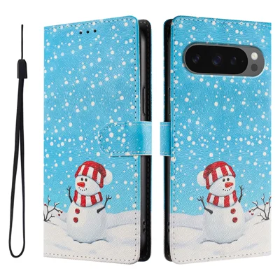  For Google Pixel 9 / Google Pixel 9 Pro / Google Pixel 10 / Google Pixel 10 Pro Case Christmas Themed Pattern Printing PU Leather Wallet Phone Cover with Wrist Strap - Christmas Snowman