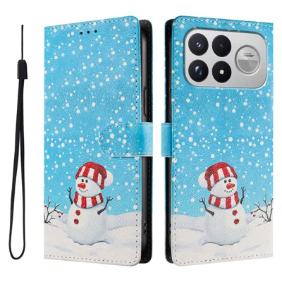  Capa de Telemóvel Carteira em PU Couro com Alça de Punho e Estampa Temática de Natal para Xiaomi Poco F8 Ultra / Xiaomi Redmi K90 Pro Max 5G / Xiaomi Redmi K100 Pro Max 5G (China) / Xiaomi Poco F9 Ultra 5G - Boneco de Neve de Natal