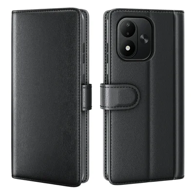 Phone Case for Xiaomi Redmi Note 17 4G (Global) / Note 17 5G (Global) / Note 17 (India / China) 5G , Genuine Split Leather Cover with Wallet Stand - Black