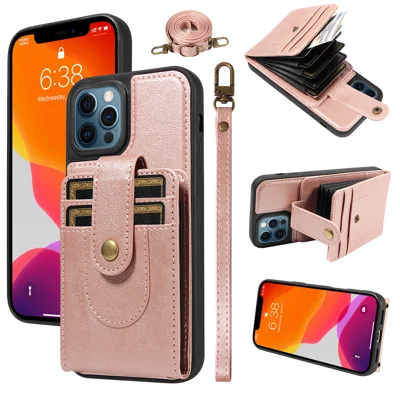  For iPhone 12 / iPhone 12 Pro 7-Slot RFID Blocking Card Holder TPU + PU Leather Phone Black Cover with Straps - Rose Gold