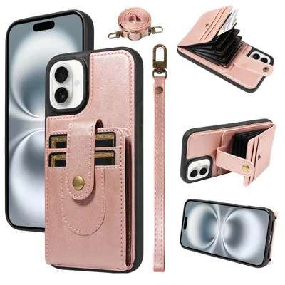  For iPhone 16 Plus 7-Slot RFID Blocking Card Holder TPU + PU Leather Phone Black Cover with Straps - Rose Gold
