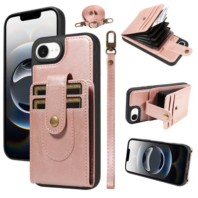  For iPhone 17e / iPhone 16e 7-Slot RFID Blocking Card Holder TPU + PU Leather Phone Black Cover with Straps - Rose Gold