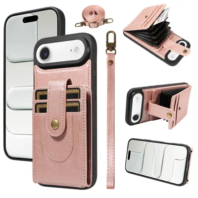  For iPhone Air 7-Slot RFID Blocking Card Holder TPU + PU Leather Phone Black Cover with Straps - Rose Gold