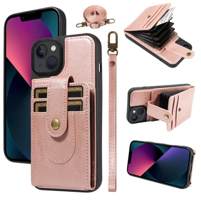  For iPhone 13 7-Slot RFID Blocking Card Holder TPU + PU Leather Phone Black Cover with Straps - Rose Gold