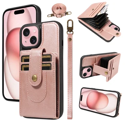  For iPhone 15 7-Slot RFID Blocking Card Holder TPU + PU Leather Phone Black Cover with Straps - Rose Gold