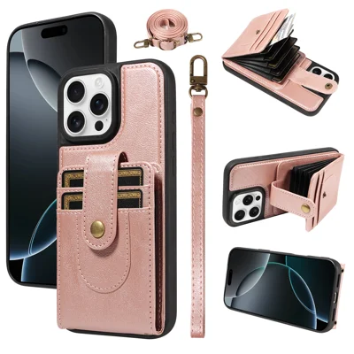  For iPhone 16 Pro Max 7-Slot RFID Blocking Card Holder TPU + PU Leather Phone Black Cover with Straps - Rose Gold