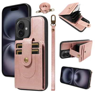  For iPhone 16 7-Slot RFID Blocking Card Holder TPU + PU Leather Phone Black Cover with Straps - Rose Gold