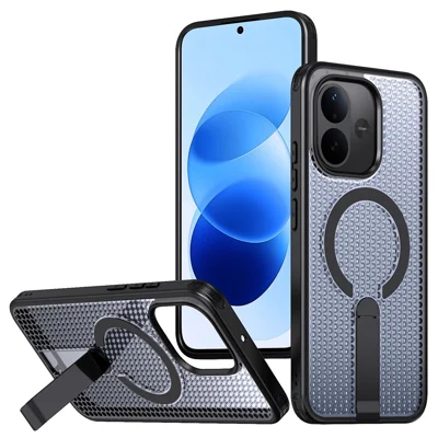 Magnetic Case for Xiaomi Redmi Note 17 4G (Global) / Note 17 5G (Global) / Note 17 (India / China) 5G Kickstand Grid Texture TPU PC Phone Back Cover - Black