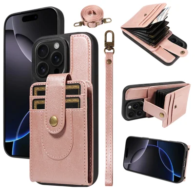  For iPhone 16 Pro 7-Slot RFID Blocking Card Holder TPU + PU Leather Phone Black Cover with Straps - Rose Gold