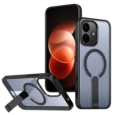 For Xiaomi Redmi Note 17 Pro 5G Magnetic Case Kickstand Grid Texture TPU PC Phone Back Cover - Black