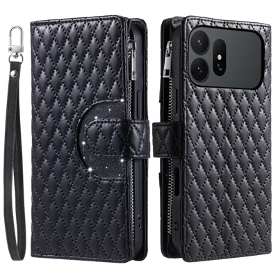 Чехол для Samsung Galaxy S27 Ultra с блестками, отделением на молнии, функцией кошелька и ремешком для руки - Черный