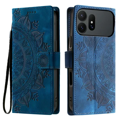 Чехол для Samsung Galaxy S27 Ultra с тиснёным рисунком тотем, текстура кожи, с функцией бумажника и ремешком для руки - Синий