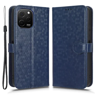 Für Huawei Nova Y61 4G Punktmuster Geprägtes Telefonabdeckung PU Leder Schocksicherer Brieftaschenstand Mit Riemen - Dunkelblau