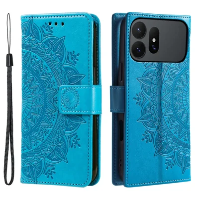 Чехол-подставка для Samsung Galaxy S27 Ultra с тиснёным узором тотема, из искусственной кожи PU с функцией кошелька и ремешком на запястье - Синий