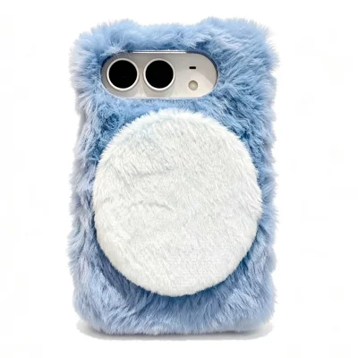 For iPhone Duo Case Soft Warm Fur Plush Phone Cover with Built-In Makeup Mirror and Desktop Stand - Blue