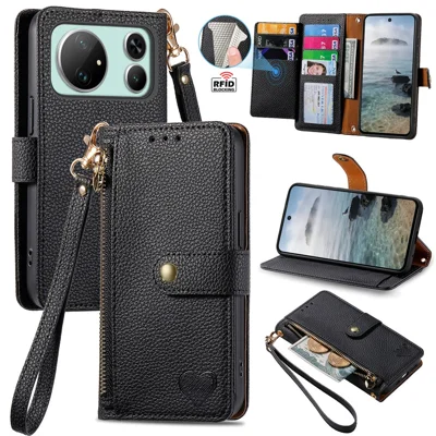For Honor Magic9 Super Edition 5G Case RFID Blocking Zipper Pocket Leather Wallet Phone Cover with Strap - Black