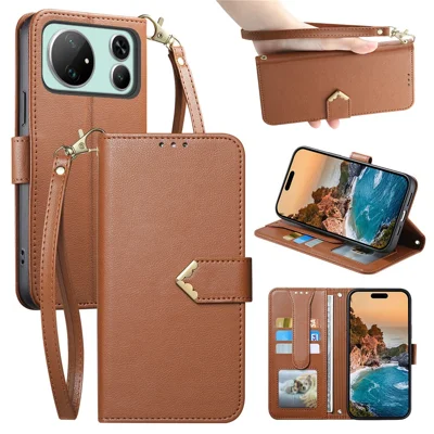 For Honor Magic9 Super Edition 5G Case Triangle Closure Leather Folio Wallet Phone Cover with Wrist Strap - Brown