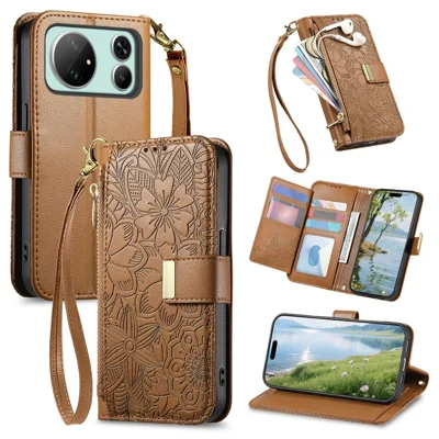 For Honor Magic9 Super Edition 5G Case Floral Leaf Pattern Multi Card Slots Zipper Leather Phone Cover with Wrist Strap - Brown