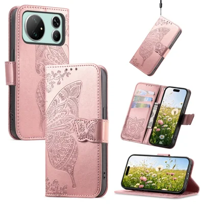 For Honor Magic9 Super Edition 5G Case with Strap Butterfly Pattern PU Leather Wallet Phone Cover - Rose Gold