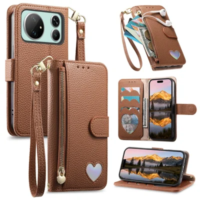 For Honor Magic9 Super Edition 5G Case Zipper Pocket TPU PU Leather Wallet Phone Cover with Strap - Brown
