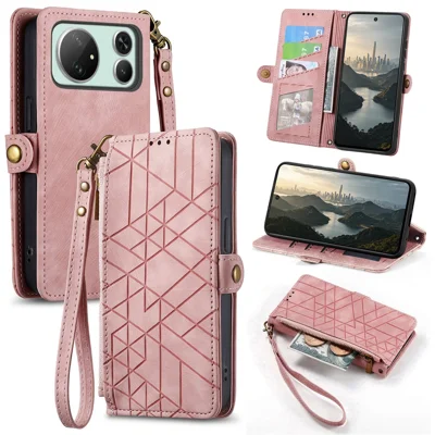 For Honor Magic9 Super Edition 5G Case Zipper Wallet Geometry Lines Leather Phone Cover with Strap - Pink
