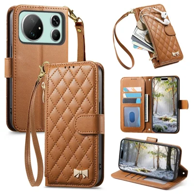For Honor Magic9 Super Edition 5G Stand Case Imprint TPU PU Leather Zipper Pocket Wallet Phone Cover with Strap - Brown