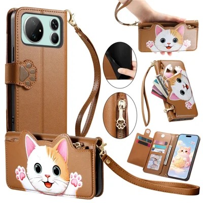 For Honor Magic9 Super Edition 5G Leather Case Cartoon Cat Pattern Wallet Stand Phone Cover with Wrist Strap - Brown