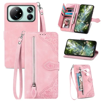For Honor Magic9 Super Edition 5G Wallet Case with Strap Flower Imprint PU Leather Phone Cover - Pink