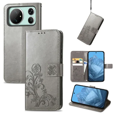 For Honor Magic9 Super Edition 5G Leather Case Four-Leaf Clover Wallet Phone Cover - Grey