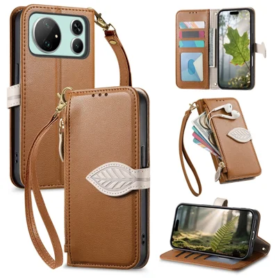 For Honor Magic9 Super Edition 5G Stand Case Leaf Shape Magnetic Clasp Leather Phone Cover with Hand Strap - Brown