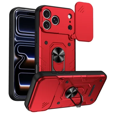 For iPhone 18 Pro / 17 Pro Case with Sliding Lens Cover Rotating Kicktand Phone Back Cover - Red