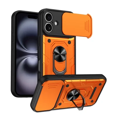 For iPhone 17 Case Case with Sliding Lens Cover Rotating Kicktand Phone Back Cover - Orange