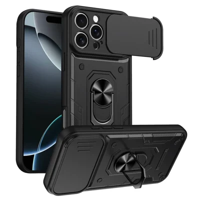 For iPhone 16 Pro Case with Sliding Lens Cover Rotating Kicktand Phone Back Cover - Black