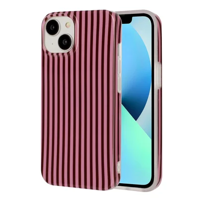  For iPhone 14 TPU Case IMD Burgundy Series Glossy Anti Drop Phone Back Cover - Vertical Pink Stripes