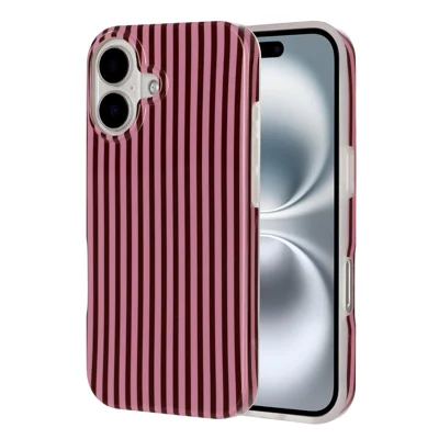  For iPhone 16 TPU Case IMD Burgundy Series Glossy Anti Drop Phone Back Cover - Vertical Pink Stripes