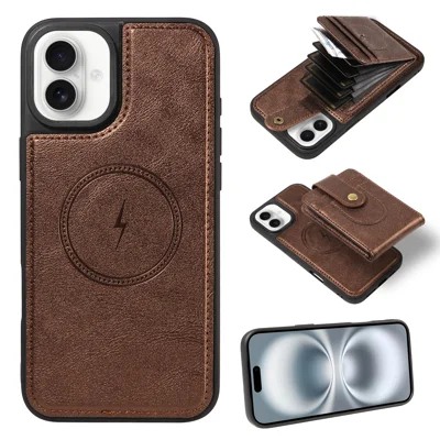  For iPhone 16 Plus Magnetic Case Detachable 2 in 1 Card Holder PU Leather + TPU Phone Cover - Brown