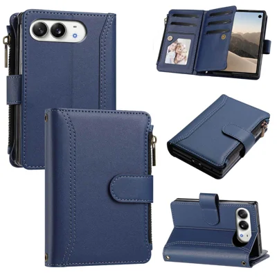  For iPhone Duo Leather Case 9 Card Slots Zipper Wallet Stand Phone Cover with Wrist Strap - Dark Blue