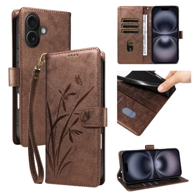  For iPhone 16 Wallet Case Orchid Butterfly Imprinted Pattern Flip Stand Leather Phone Cover with Wrist Strap - Brown