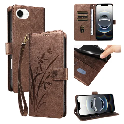  For iPhone 16e / iPhone 17e Wallet Case Orchid Butterfly Imprinted Pattern Flip Stand Leather Phone Cover with Wrist Strap - Brown