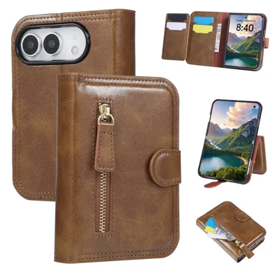 For iPhone Duo Case Zipper Flip Leather Phone Cover with Card Holder - Brown