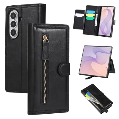 Etui na Samsung Galaxy Z Fold8 Ultra, etui na suwmiak z zamkiem błyskawicznym, skórzana obudowa z włożeniem na karty - Czarny