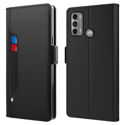 Dual Magnetic Clasp Phone Cover For Motorola Moto G60, PU Leather Anti-fall Flip Phone Case Card Holder Stand with Makeup Mirror - Black