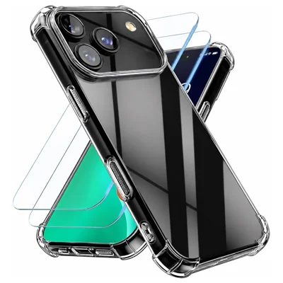 For iPhone 18 Pro Max  /  17 Pro Max TPU Case Four Corner Anti Drop Phone Cover with 2Pcs 2.5D Arc Edge Tempered Glass Screen Protectors - Transparent