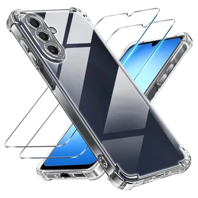 TPU-Hülle für Samsung Galaxy A18 5G / A18 4G / A17 5G / A17 4G, vier Ecken Anti-Drop-Handyhülle mit 2 Stck. 2,5D Arc Edge gehärtetem Glasscheiben-Schutz – Transparent