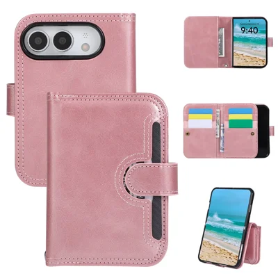 For iPhone Duo Case Split Leather Magnetic Wallet Phone Protector with Wrist Strap - Rose Gold