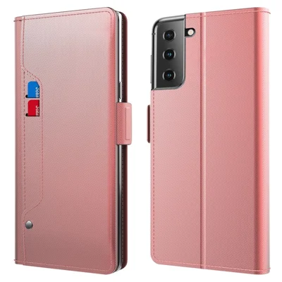 For Samsung Galaxy S23 Drop-proof PU Leather Phone Case Stand Card Holder Anti-scratch Protective Magnetic Flip Phone Cover with Inside Makeup Mirror - Rose Gold