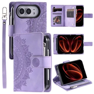 Funda tipo billetera para iPhone con diseño de flor mandala, cubierta de cuero PU con correa para la muñeca - Morado